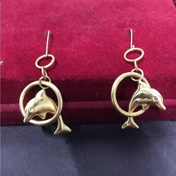 Gold 14k Dolphin jumping through Hoop Drop Earrings Rare vintage ret $850 - Picture 6 of 12